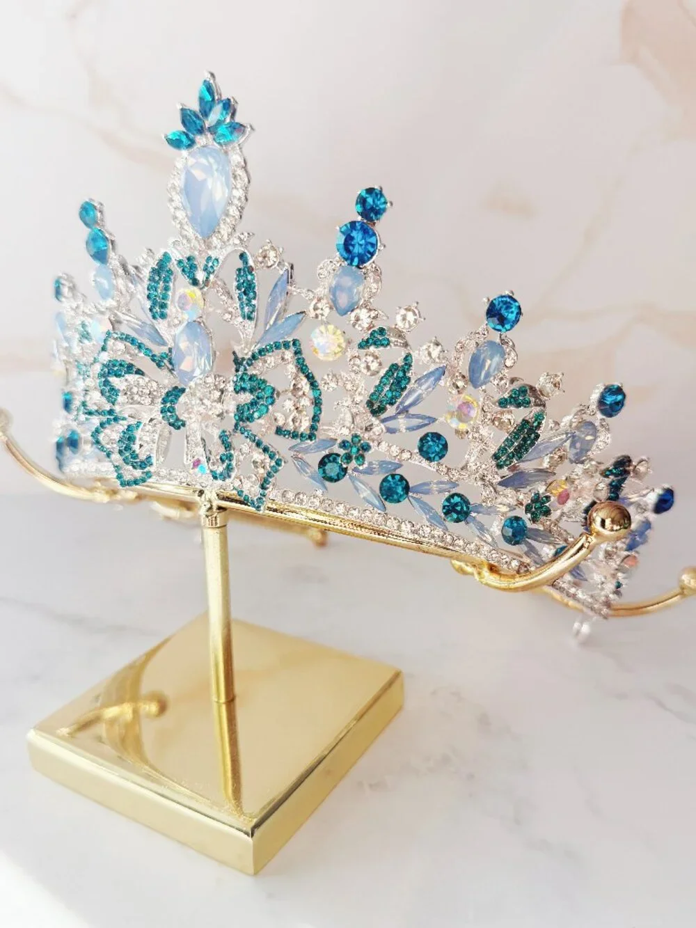 Blue Crystal Tiara Crown, Silver Crystal Bridal Wedding Pageant Prom Headpiece